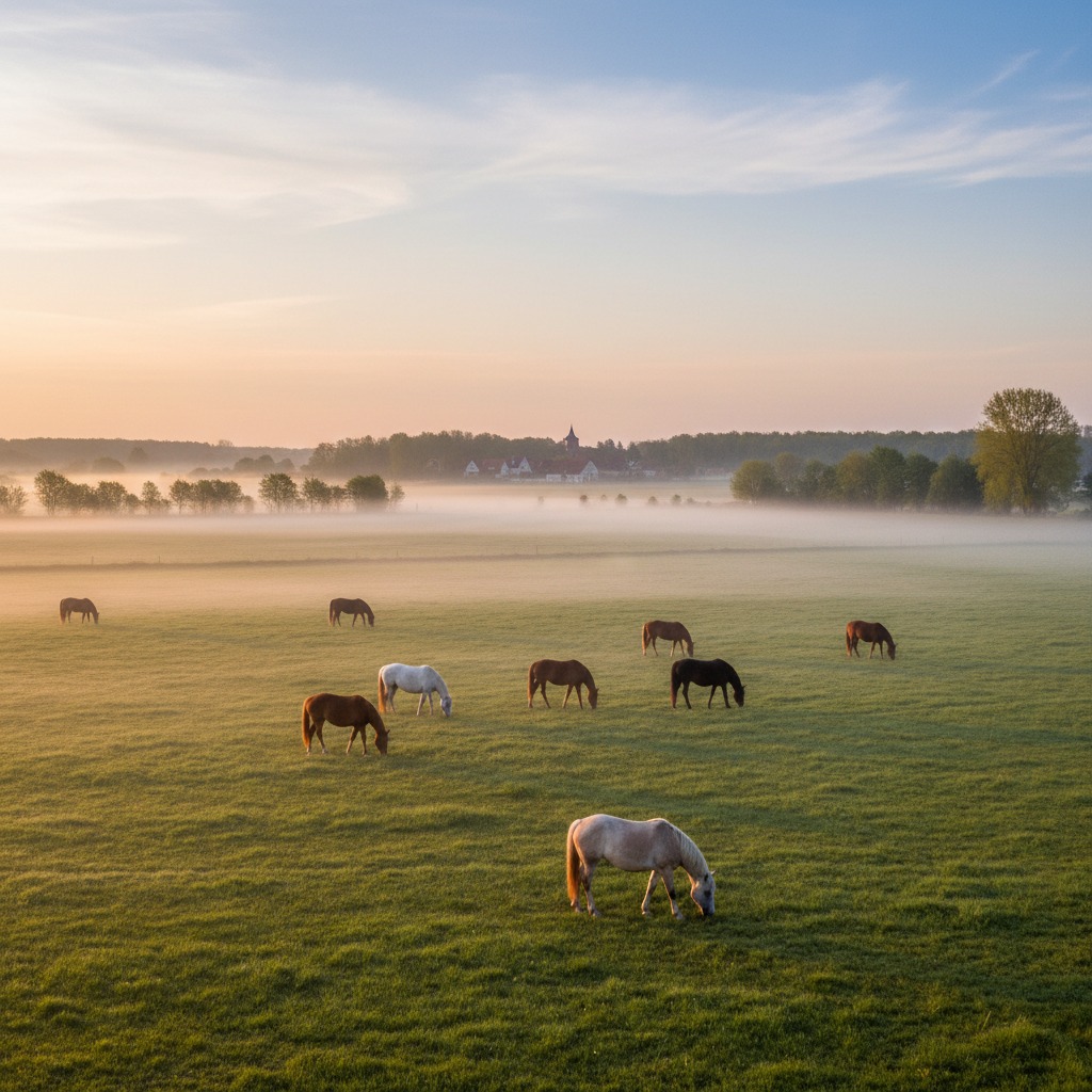 Mehrere Pferde weiden in den Morgenstunden auf einer weiten Wiese, über der flacher Nebel liegt.