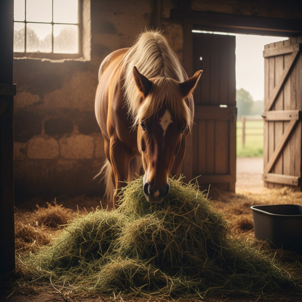 Ein fuchsfarbenes Pferd mit heller Mähne frisst Heu in einem Stall.